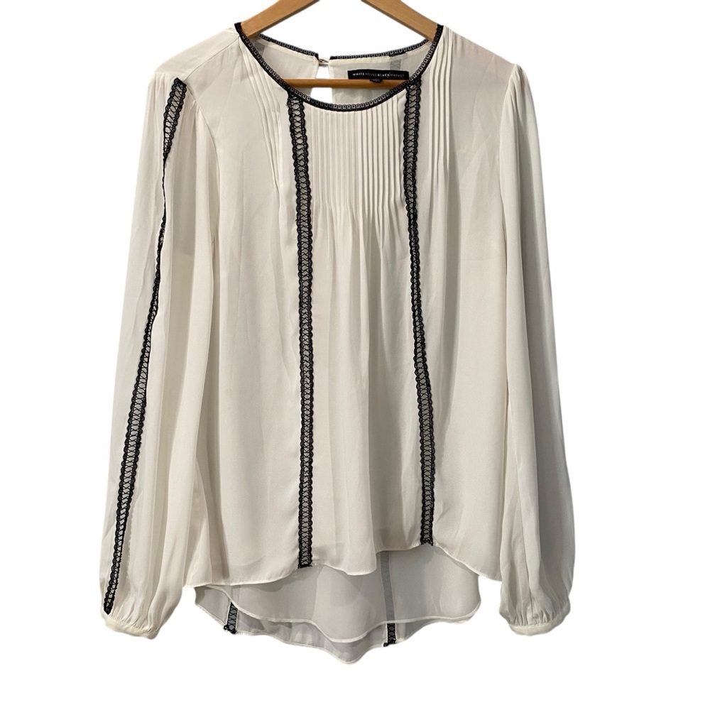 White House Black Market Sheer Lined Ivory Black Trim Long Sleeves Blouse Top 10